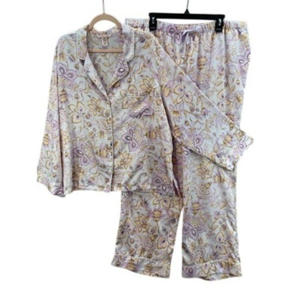 Victoria's Secret Pajama Set Women XXL Lavender Floral Satin‎ Coquette Softcore